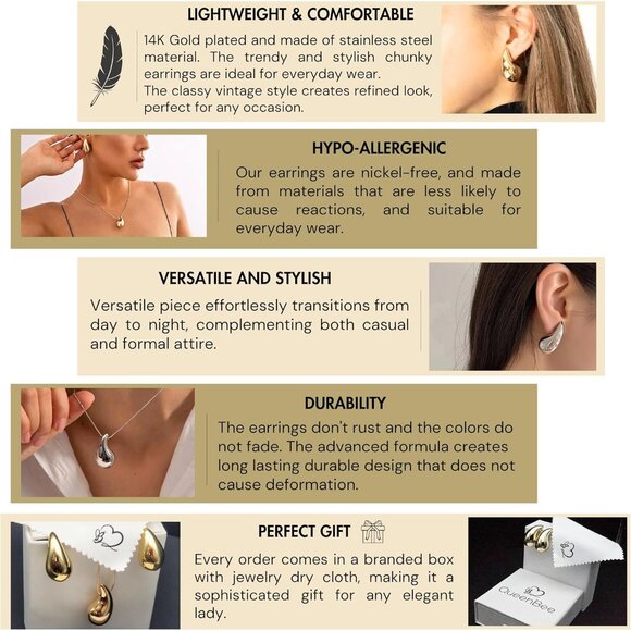 ⚡Gold Chunky Stud Earrings Unique Teardrop Shape Jewelry for Women Fashion Gift - Picture 7 of 7
